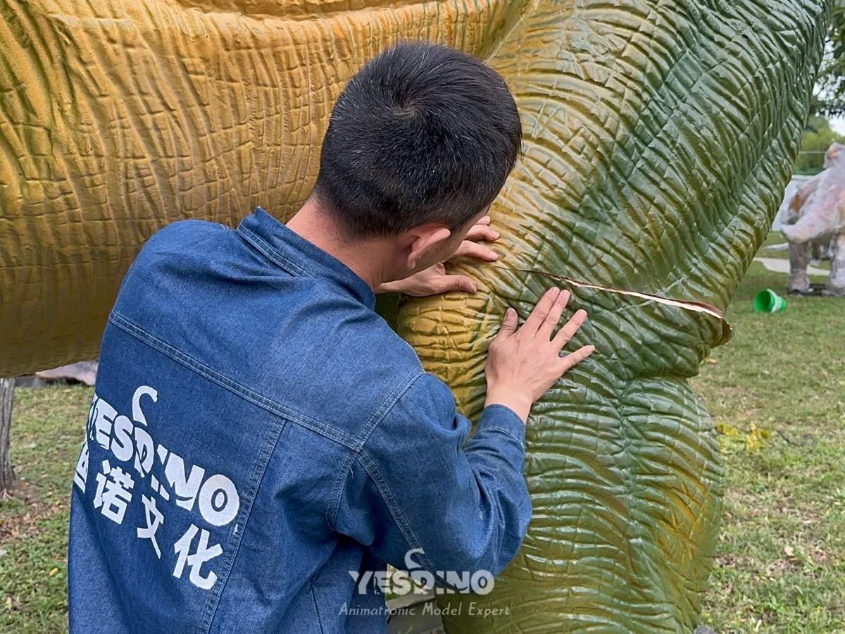 Workers aligning skin textures at cut seams